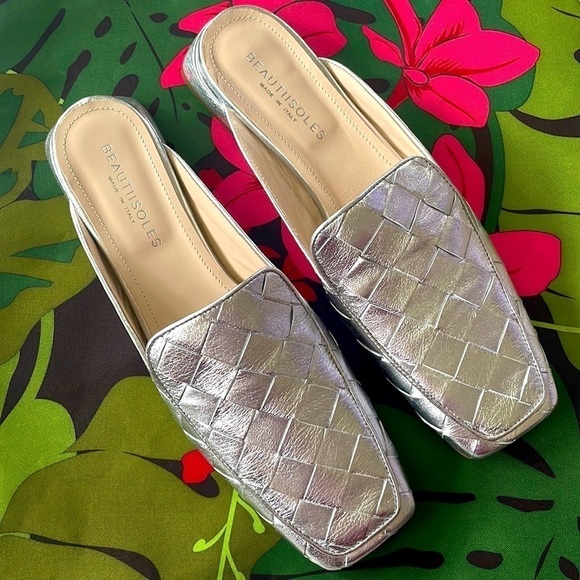 Brand New Beautiisoles Genuine Leather Silver Woven Heeled Mules Slip On Loafers - Picture 1 of 13